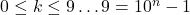 0 \leq k \leq 9\ldots9 = 10^n-1