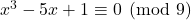 x^{3}-5x+1 \equiv 0 \pmod 9