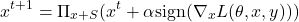 \begin{equation*}x^{t+1} = \Pi_{x+S} (x^t + \alpha \text{sign}(\nabla_x L(\theta, x, y)))\end{equation*}