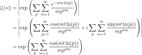 Rendered by QuickLaTeX.com \begin{align*}\left| \zeta(s) \right| & = \left|\exp \left(\sum_{p} \sum_{m=1}^{\infty} \frac{e^{-itm.ln(p)}}{mp^{\sigma m}}\right)\right| \\& =\left|\exp \left(\sum \sum_{p=1}^{\infty} \frac{\cos (m t \ln (p))}{m p^{\sigma m}}+i \sum_p \sum_{m=1}^{\infty} \frac{\sin (m t \ln (p))}{m p^{\sigma m}}\right)\right| \\& =\exp \left(\sum_{p} \sum_{m=1}^{\infty} \frac{\cos (m t \ln (p))}{m p^{\sigma m}}\right) \text {. } \\&\end{align*}