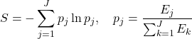 \[S = -\sum_{j=1}^{J} p_j \ln p_j, \quad p_j = \dfrac{E_j}{\sum_{k=1}^{J} E_k}\]
