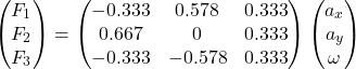 Rendered by QuickLaTeX.com \begin{equation*}\begin{pmatrix} F_1 \\ F_2 \\ F_3 \end{pmatrix} = \begin{pmatrix} -0.333 & 0.578 & 0.333 \\ 0.667 & 0 & 0.333 \\ -0.333 & -0.578 & 0.333 \end{pmatrix} \begin{pmatrix} a_x \\ a_y \\ \omega \end{pmatrix}\end{equation*}