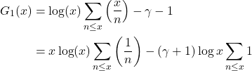 \begin{align*}G_1(x) &= \log(x)\sum_{n \leq x} \left(\frac{x}{n}\right) - \gamma -1 \notag\\ &= x\log(x)\sum_{n \leq x} \left(\frac{1}{n}\right) - (\gamma + 1)\log x\sum_{n \leq x}1\end{align*}