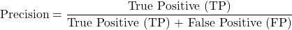 \[\text{Precision} = \frac{\text{True Positive (TP)}}{\text{True Positive (TP) + False Positive (FP)}}\]