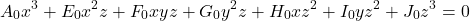 \[A_0 x^3 + E_0 x^2 z + F_0 xyz + G_0 y^2 z + H_0 xz^2 + I_0 yz^2 + J_0 z^3 = 0\]