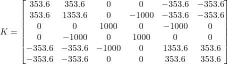 \begin{equation*}\bm{K} =\begin{bmatrix}353.6 & 353.6 & 0 & 0 & -353.6 & -353.6 \\353.6 & 1353.6 & 0 & -1000 & -353.6 & -353.6 \\0 & 0 & 1000 & 0 & -1000 & 0 \\0 & -1000 & 0 & 1000 & 0 & 0 \\-353.6 & -353.6 & -1000 & 0 & 1353.6 & 353.6 \\-353.6 & -353.6 & 0 & 0 & 353.6 & 353.6\end{bmatrix}\end{equation*}