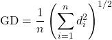 Rendered by QuickLaTeX.com \begin{equation*}\text{GD} = \frac{1}{n}\left(\sum_{i=1}^{n}d_i^2\right)^{1/2}\end{equation*}
