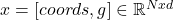 x=[coords, g] \in {\mathbb{R}^{Nxd}}