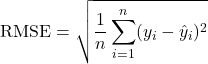 Rendered by QuickLaTeX.com \begin{equation*}\text{RMSE} = \sqrt{\frac{1}{n} \sum_{i=1}^{n} (y_i - \hat{y}_i)^2}\end{equation*}