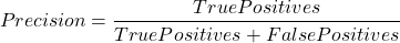 \begin{equation*}Precision = \frac{True Positives}{True Positives + False Positives}\end{equation*}