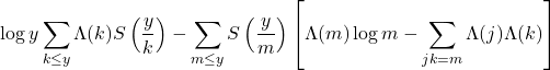 \[\log y \sum_{k \leq y} \Lambda(k) S\left(\frac{y}{k}\right)-\sum_{m \leq y} S\left(\frac{y}{m}\right)\left[\Lambda(m) \log m-\sum_{j k=m} \Lambda(j) \Lambda(k)\right]\]