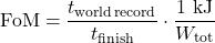 \begin{equation*}\mathrm{FoM} = \frac{t_{\mathrm{world\,record}}}{t_{\mathrm{finish}}}\cdot \frac{1~\mathrm{kJ}}{W_{\mathrm{tot}}}\end{equation*}