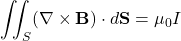 \begin{equation*}\iint_S (\nabla \times \mathbf{B}) \cdot d\mathbf{S} = \mu_0 I\end{equation*}