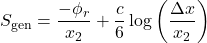 \begin{equation*}S_{\text{gen}} = \frac{-\phi_r}{x_2} + \frac{c}{6} \log\left(\frac{\Delta x}{x_2}\right)\end{equation*}