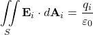 Rendered by QuickLaTeX.com \begin{equation*}\iint\limits_{S} \mathbf{E}_i \cdot d\mathbf{A}_i = \frac{q_i}{\varepsilon_0}\end{equation*}