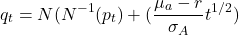 \begin{equation*}q_t = N(N^{-1}(p_t) + (\frac {\mu_a-r}{\sigma_A}t^{1/2})\end{equation*}