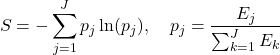 \[S = -\sum_{j=1}^{J} p_j \ln(p_j), \quad p_j = \dfrac{E_j}{\sum_{k=1}^{J} E_k}\]