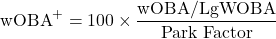 \begin{equation*}\text{wOBA}^+ = 100 \times \frac{\text{wOBA} / \text{LgWOBA}}{\text{Park Factor}}\end{equation*}