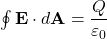 \oint \mathbf{E} \cdot d\mathbf{A} = \dfrac{Q}{\varepsilon_0}