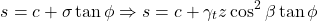 \begin{equation*}s = c + \sigma \tan \phi \Rightarrow s = c + \gamma_t z \cos^2\beta \tan\phi \quad \end{equation*}