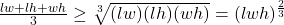 \frac{lw + lh + wh}{3} &\geq \sqrt[3]{(lw)(lh)(wh)}=(lwh)^{\frac{2}{3}}