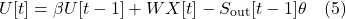 \[U[t] = \beta U[t-1] + WX[t] - S_{\text{out}}[t-1]\theta \quad (5)\]