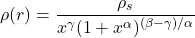 \begin{equation*}\rho(r) = \frac{\rho_s}{x^\gamma (1+x^\alpha)^{(\beta-\gamma)/\alpha}} \end{equation*}