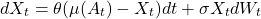 \[dX_t = \theta (\mu(A_t) - X_t) dt + \sigma X_t dW_t\]
