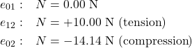 \begin{align*}e_{01}: &\quad N = 0.00~\text{N} \\e_{12}: &\quad N = +10.00~\text{N}~(\text{tension}) \\e_{02}: &\quad N = -14.14~\text{N}~(\text{compression})\end{align*}