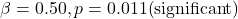 \beta = 0.50, \; p = 0.011 \; (\text{significant})