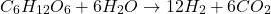 \[C_6H_{12}O_6 + 6H_2O \rightarrow 12H_2 + 6CO_2\]