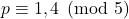 p \equiv 1,4 \pmod{5}