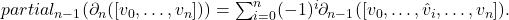 partial_{n-1}(\partial_n([v_0, \dots, v_n])) = \sum_{i=0}^n (-1)^i \partial_{n-1}([v_0, \dots, \hat{v}_i, \dots, v_n]).