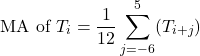 \[\text{MA of } T_i = \frac{1}{12} \sum_{j=-6}^5 (T_{i+j})\]