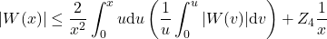 \begin{equation*}|W(x)| \leq \frac{2}{x^2} \int_0^x u \mathrm{d} u\left(\frac{1}{u} \int_0^u|W(v)| \mathrm{d} v\right)+Z_4 \frac{1}{x}\end{equation*}