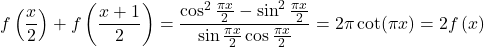 \[f\left(\frac{x}{2}\right) + f\left(\frac{x+1}{2}\right) = \frac{\cos^2{\frac{\pi x}{2}} -\sin^2{\frac{\pi x}{2}}}{\sin{\frac{\pi x}{2}}\cos{\frac{\pi x}{2}}} = 2\pi\cot(\pi x) = 2f\left(x\right)\]