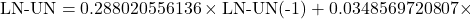 \[\text{LN-UN} &= 0.288020556136 \times \text{LN-UN(-1)} + 0.0348569720807 \times\]
