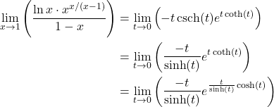 \begin{align*} \lim_{{x \to 1}} \left( \frac{{\ln x \cdot x^{x/(x-1)}}}{{1-x}} \right) &= \lim_{t \to 0} \left( -t \operatorname{csch}(t) e^{t \coth(t)} \right) \\ &= \lim_{t \to 0} \left( \frac{-t}{\sinh(t)} e^ {t \coth(t)} \right) \\ &= \lim_{t \to 0} \left( \frac{-t}{\sinh(t)} e^{\frac{t}{\sinh(t)} \cosh(t)} \right) \end{align*}
