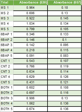 Kaylan & Ahmed, Table 12: Anthocyanin absorbance values at 530 nm and 657 nm (Trial 5).