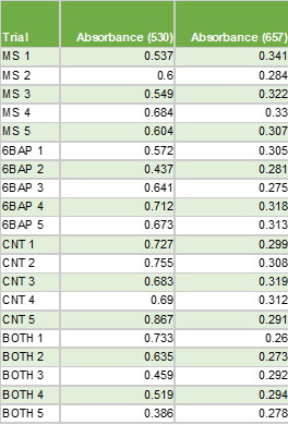 Kaylan & Ahmed, Table 11: Anthocyanin absorbance values at 530 nm and 657 nm (Trial 3).