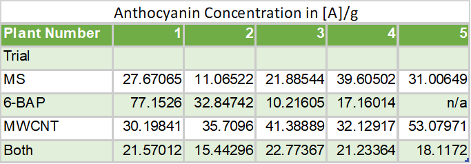 Kaylan & Ahmed, Table 14: Anthocyanin concentration in [A]/g (Trial 3).