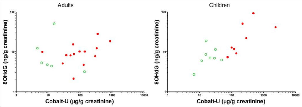 Banza et al., Figure 1, Relation between concentrations of cobalt and 8-hydroxydeoxyguanosine (8OHdG) in urine