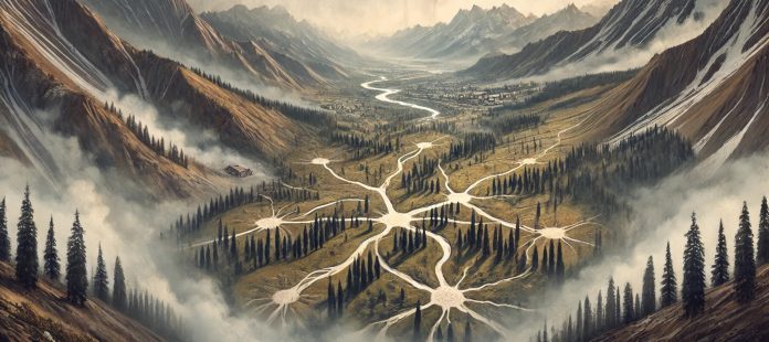 DALL·E 2024-10-25 23.14.10 - An HD landscape illustration representing the concept of 'Five Conceptions of Democracy_ The Failure of Self-determination in Kashmir.' The image port