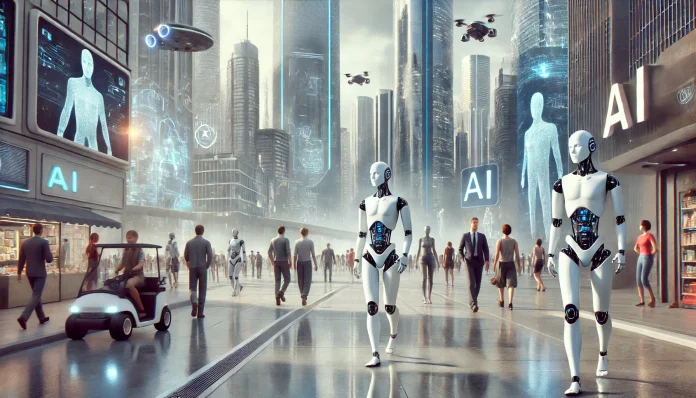 DALL·E 2024-10-26 22.02.06 - A futuristic landscape where humanoid AI robots blend seamlessly with humans in a bustling city environment. The scene is set during the daytime with