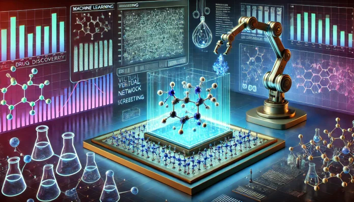 DALL·E 2025-02-08 23.14.35 - A high-definition digital illustration depicting machine learning and virtual screening in drug discovery. The image features a futuristic laboratory