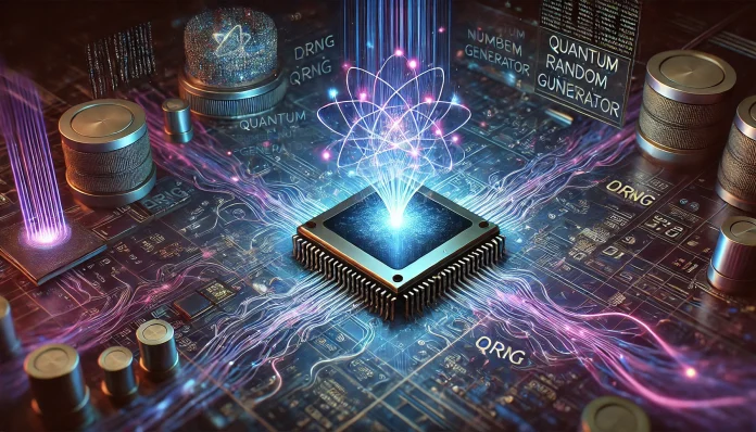 DALL·E 2025-02-12 19.51.10 - A futuristic digital illustration depicting quantum random number generators (QRNG) and their impact on cryptography. The image features a glowing qua