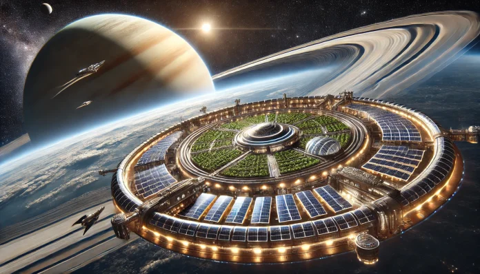 DALL·E 2025-02-27 21.22.19 - A futuristic space colony orbiting Saturn, featuring a massive ring-like structure with glowing solar panels and self-sustaining greenhouses. The back