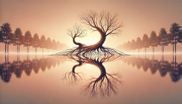 DALL·E 2025-03-02 19.00.36 - A minimalistic and abstract HD landscape image representing attachment and longevity. The image features two large, intertwined tree roots extending a