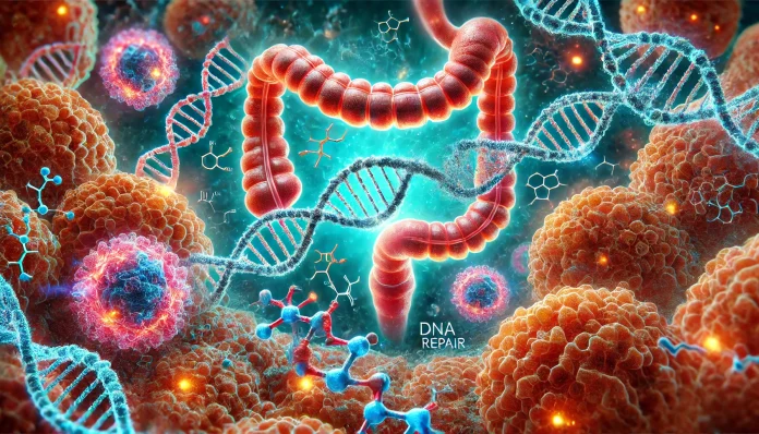 DALL·E 2025-03-07 19.41.40 - A high-definition scientific illustration of DNA repair enzymes interacting with damaged DNA strands, set against a backdrop of gastrointestinal tumor