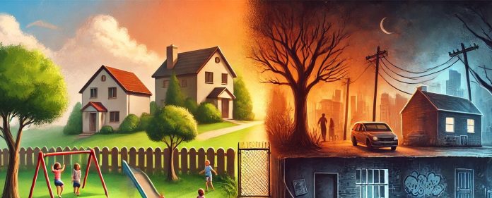 DALL·E 2025-03-08 17.18.58 - A conceptual landscape illustration depicting the influence of environmental factors and parent-child relationships on criminal behavior in adulthood